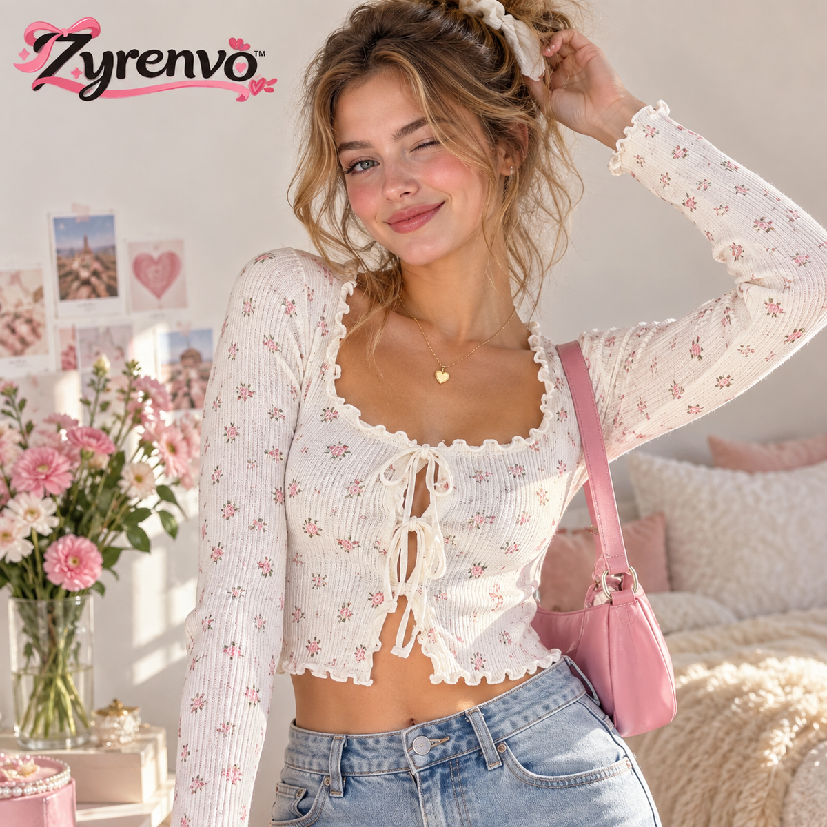 Zyrenvo™ Cream Floral Lace-Up Knit Top
