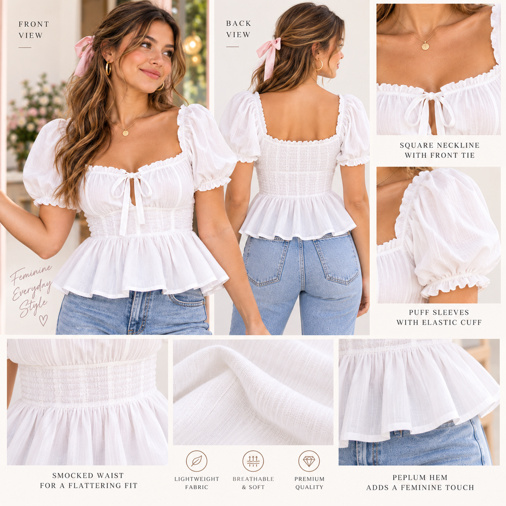Zyrenvo™ White Puff Sleeve Peplum Blouse