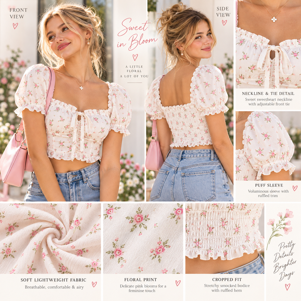 Zyrenvo™ Floral Puff Sleeve Smocked Crop Top
