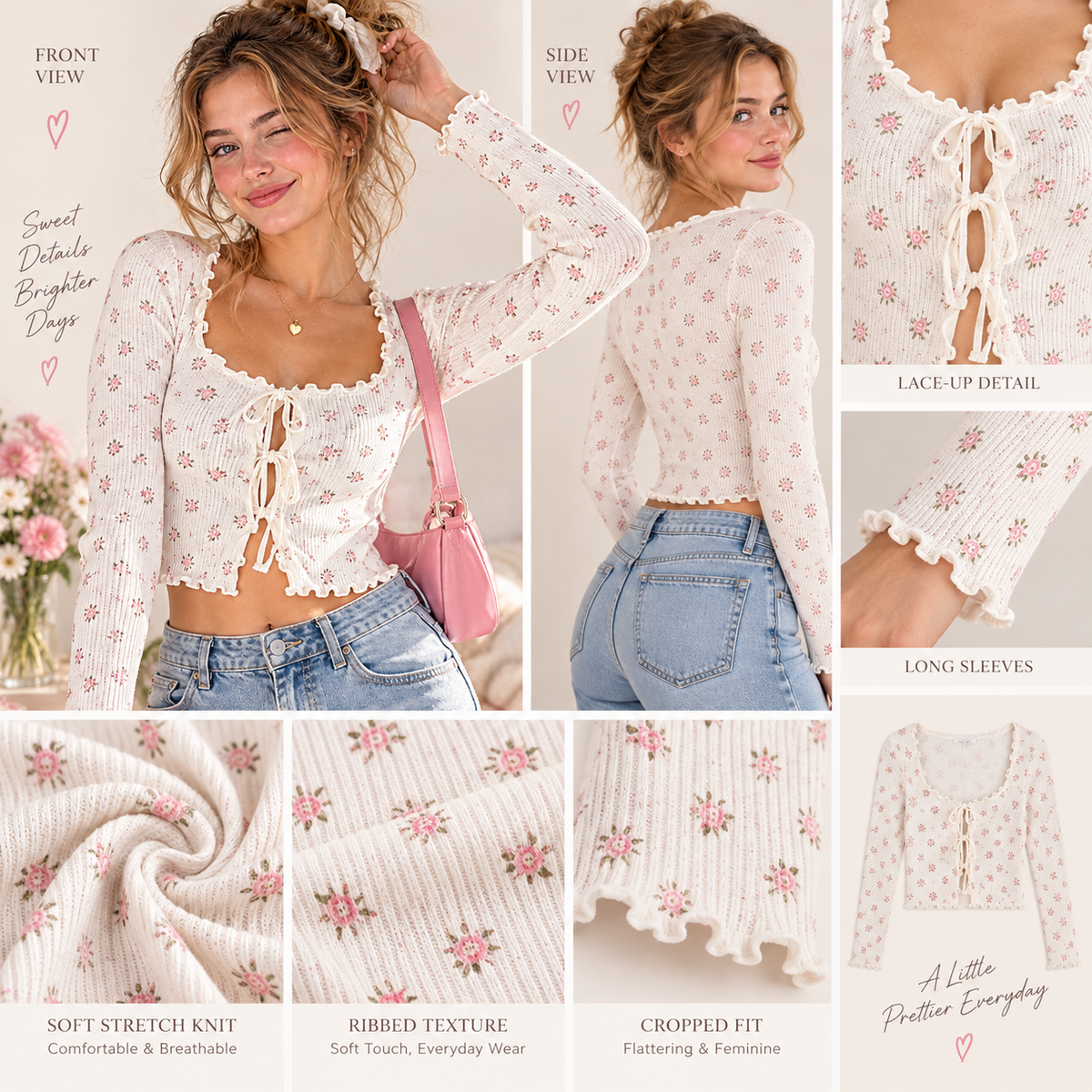 Cream Floral Knit Top details