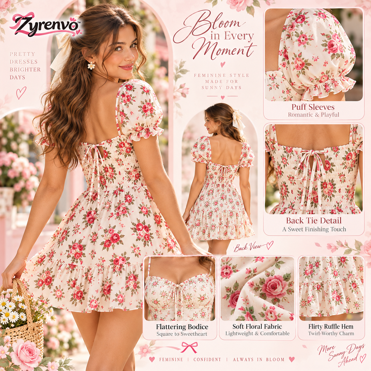 Zyrenvo™ Rosy Bloom Fit & Flare Mini Dress