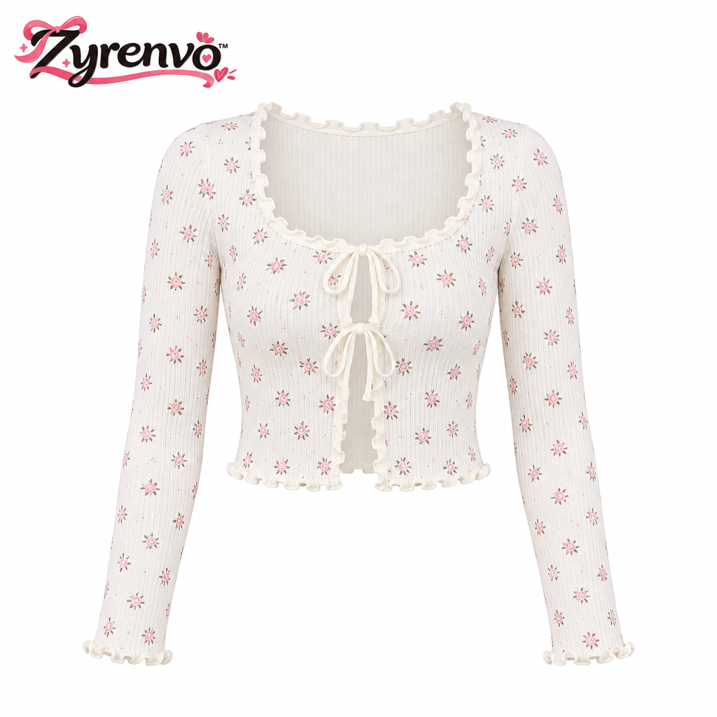 Zyrenvo™ Cream Floral Lace-Up Knit Top