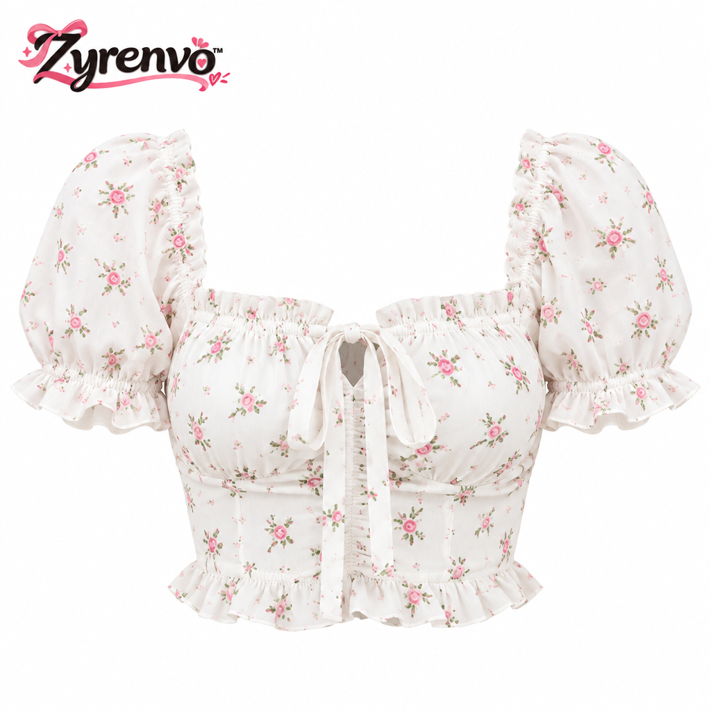 Zyrenvo™ Floral Puff Sleeve Smocked Crop Top