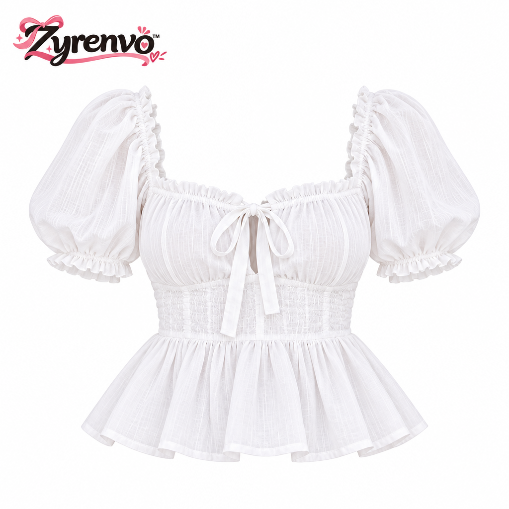 Zyrenvo™ White Puff Sleeve Peplum Blouse