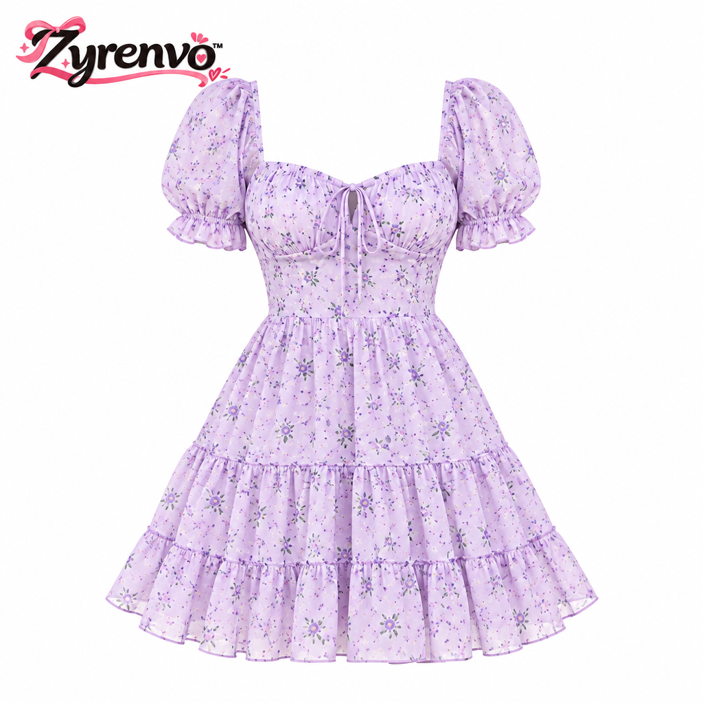 Zyrenvo™ Lavender Puff-Sleeve Floral Mini Dress
