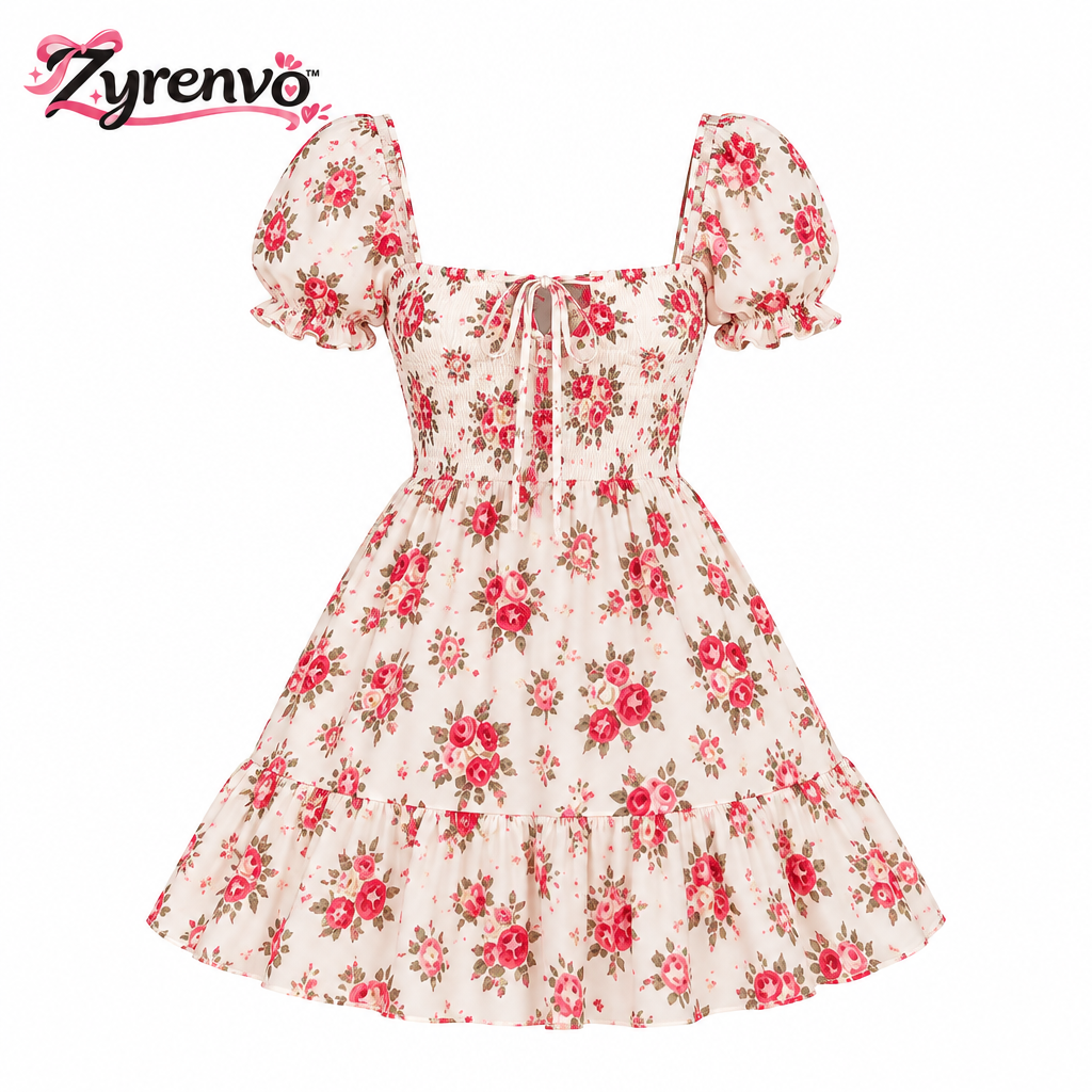 Zyrenvo™ Rosy Bloom Fit & Flare Mini Dress
