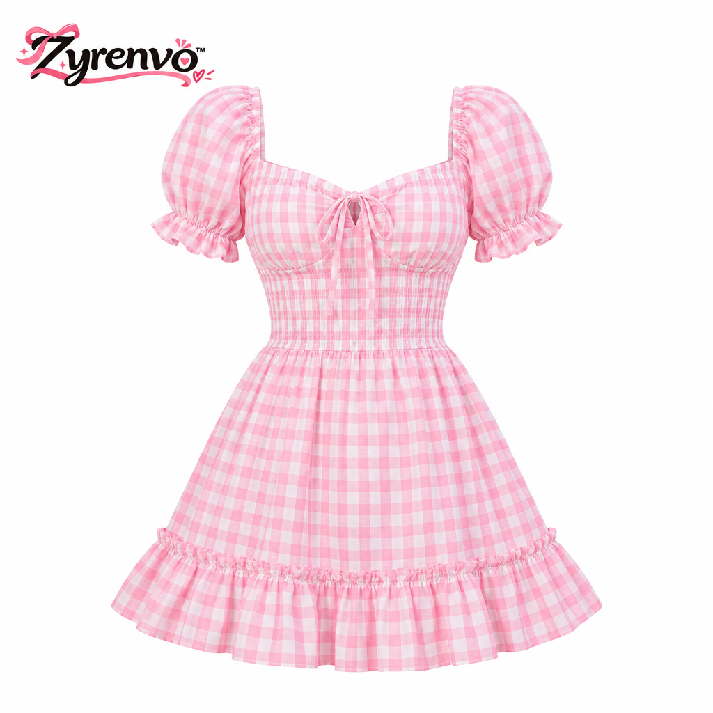 Zyrenvo™ Blush Pink Puff-Sleeve Mini Dress