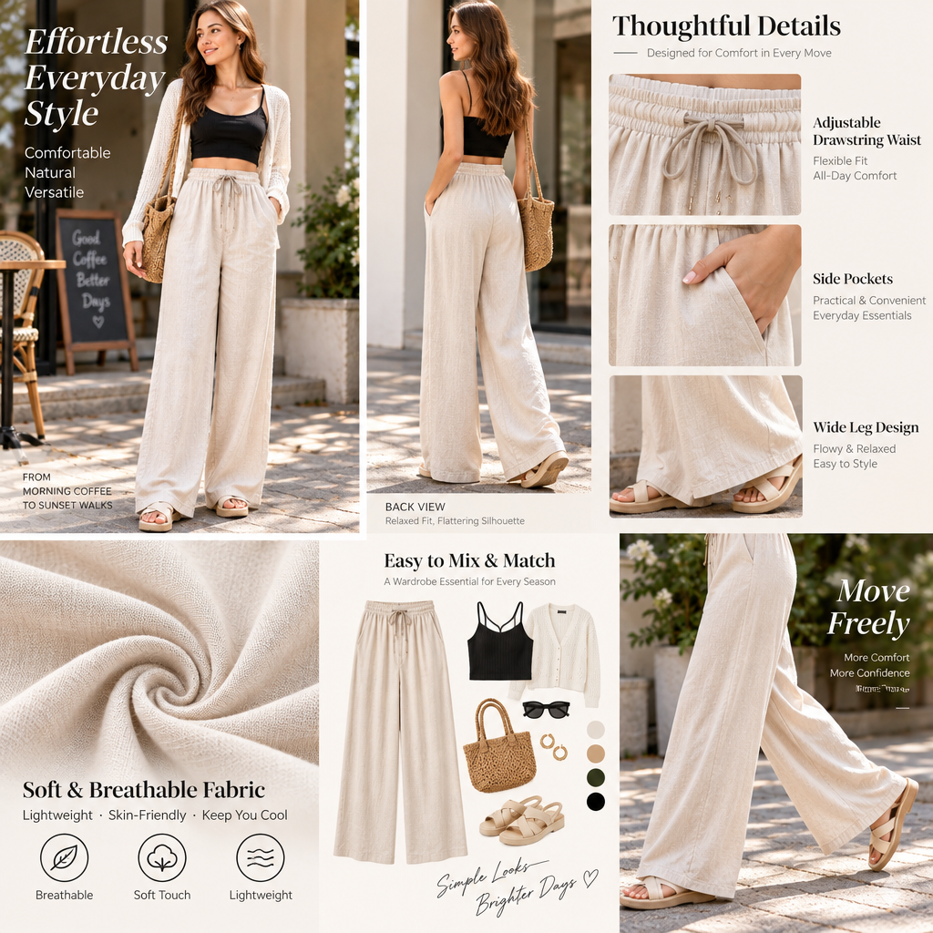 Zyrenvo™ Cream Wide-Leg Drawstring Pants