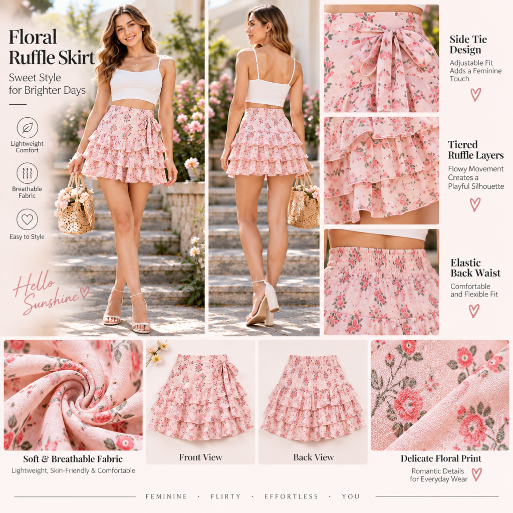 Zyrenvo™ Pink Floral Ruffle Mini Skirt