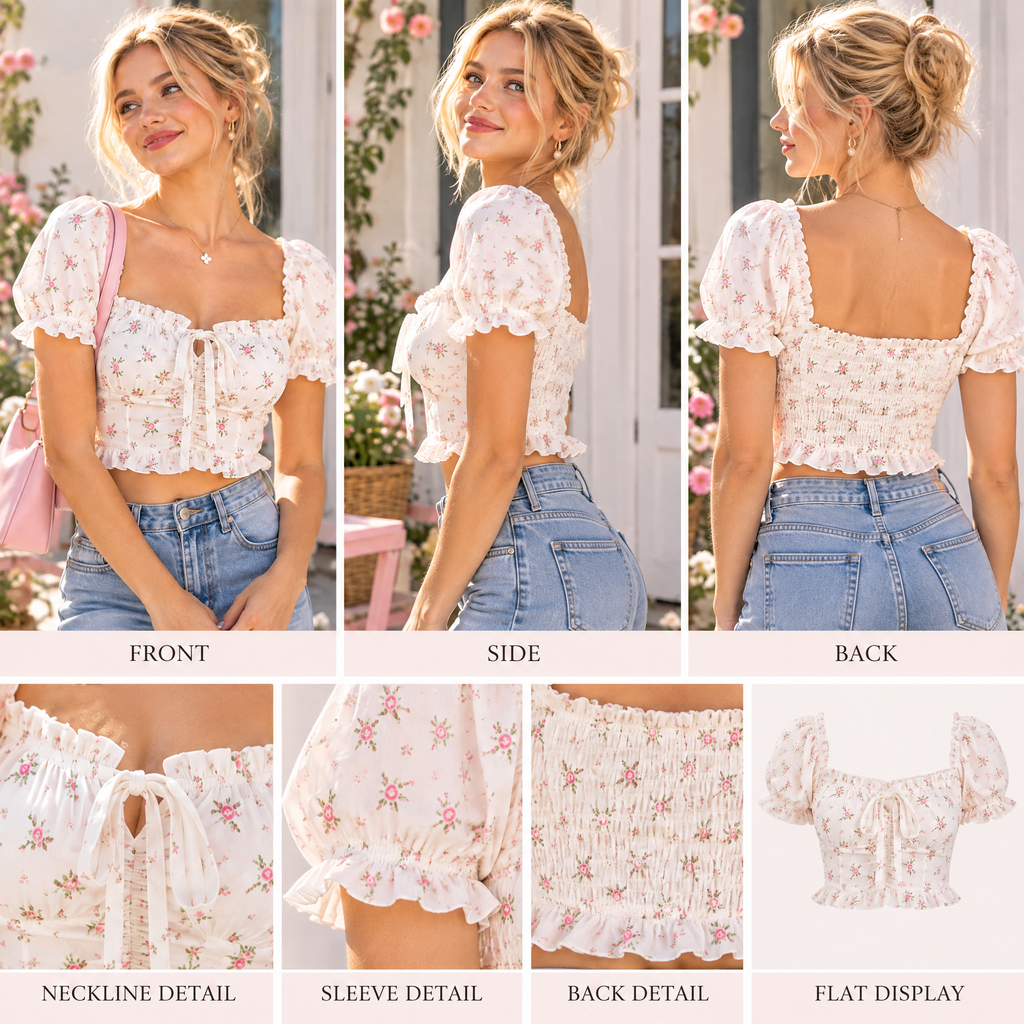 Zyrenvo™ Floral Puff Sleeve Smocked Crop Top
