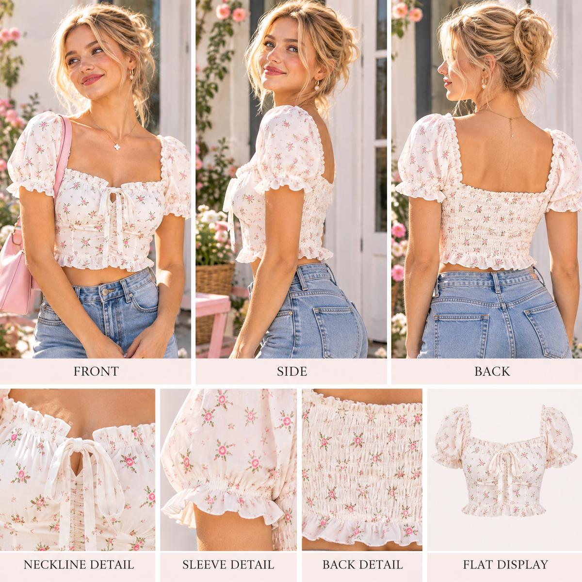 Zyrenvo™ Floral Puff Sleeve Smocked Crop Top