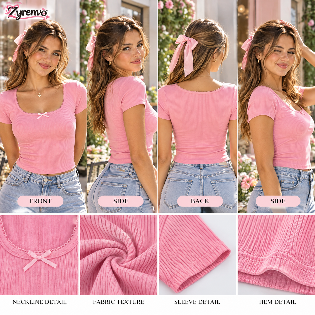 Rosy Ribbed Tee front side and back views