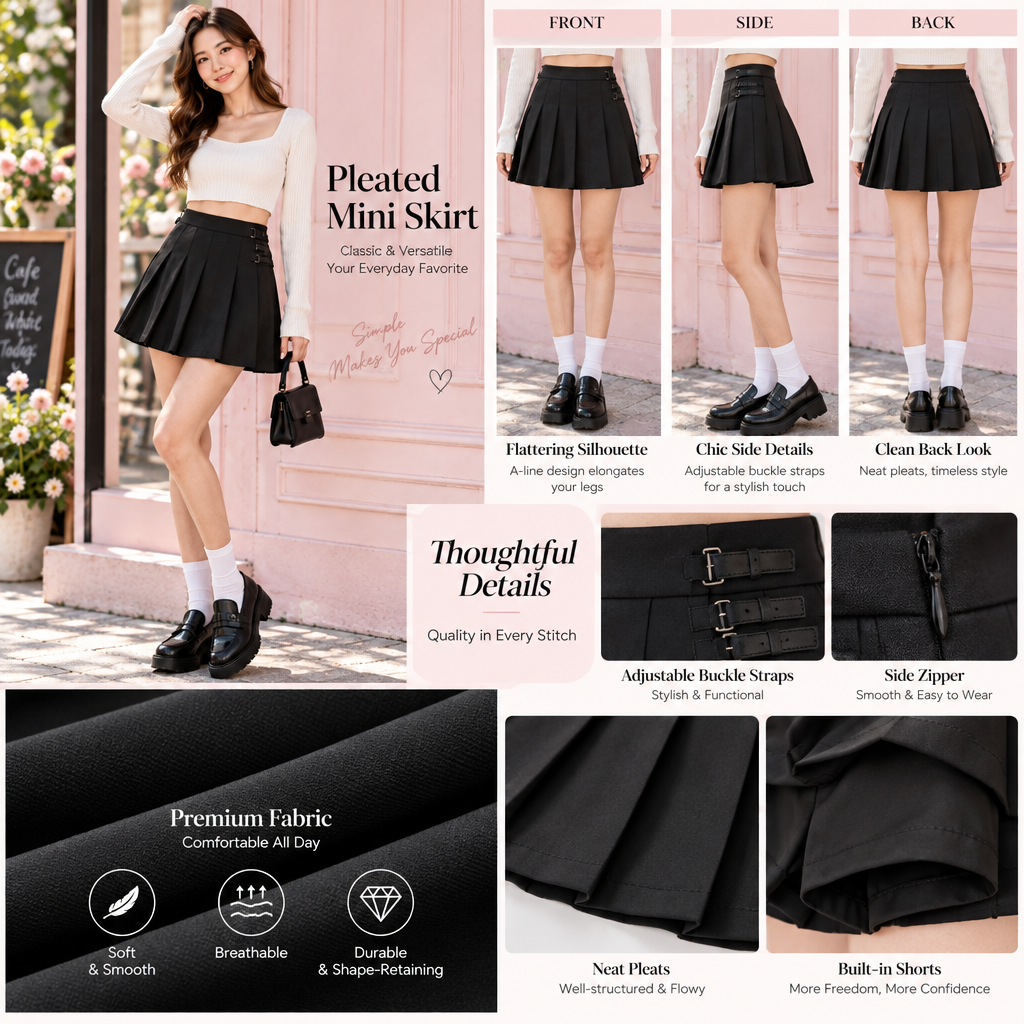 Black pleated skirt details