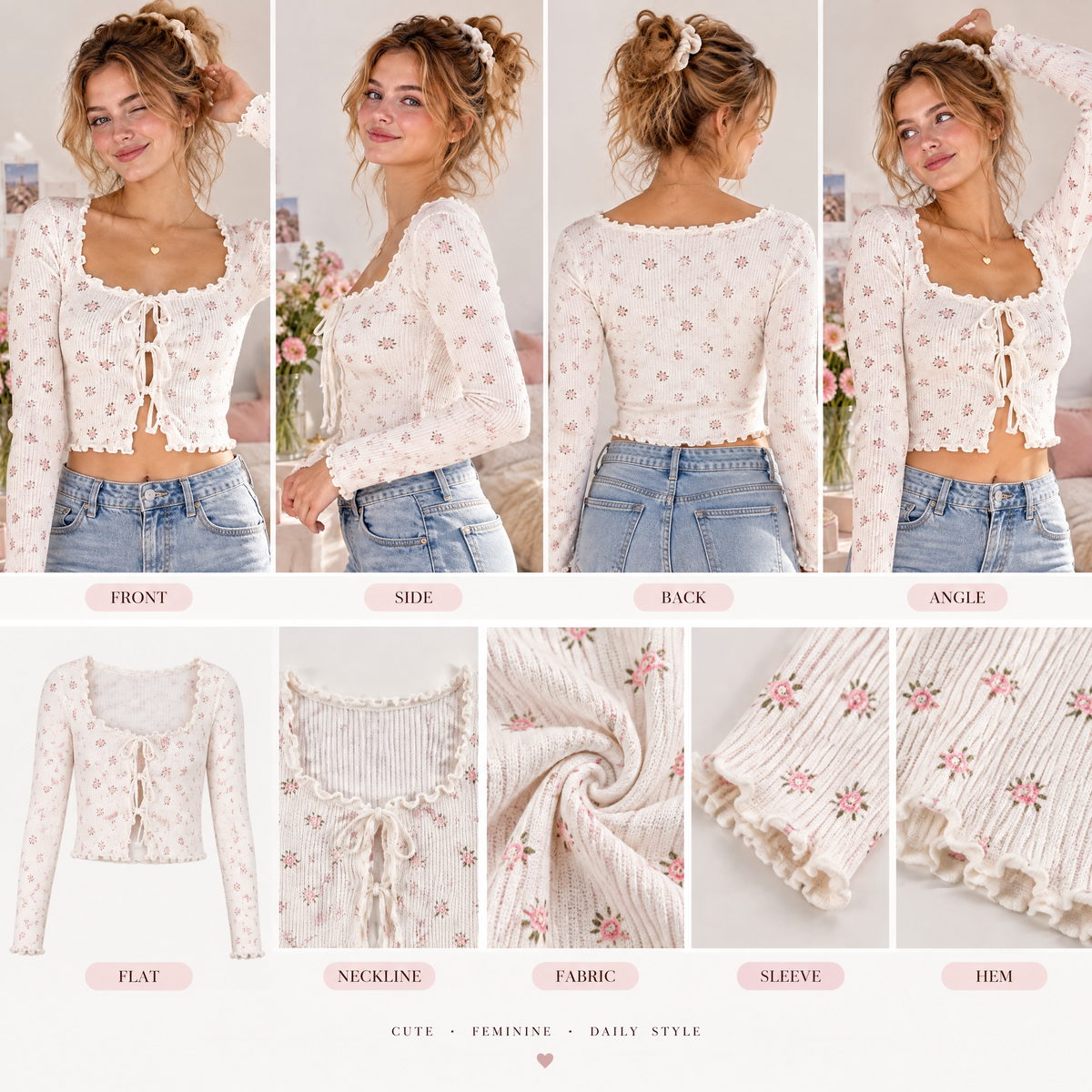 Zyrenvo™ Cream Floral Lace-Up Knit Top