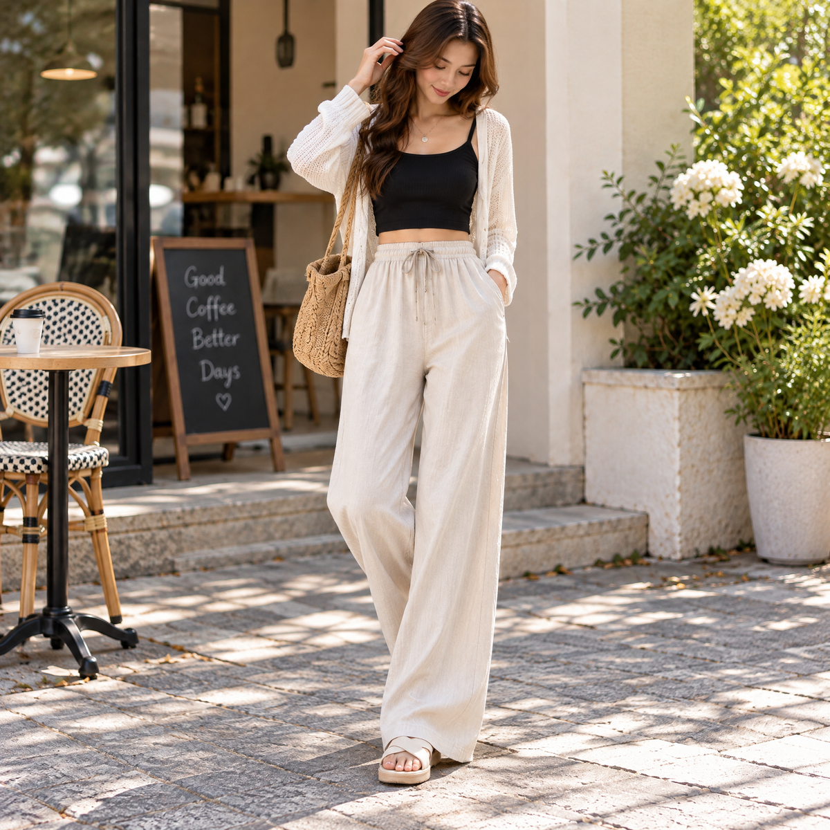 Zyrenvo™ Cream Wide-Leg Drawstring Pants